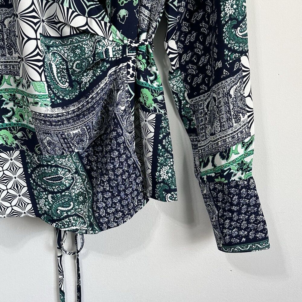 LOFT Patchwork Wrap Blouse S Deep Space Blue Long… - image 2